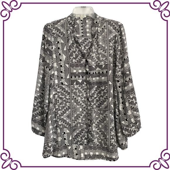 Spense Black & White Geometric Button Front Long Sleeve Blouse Tunic Medium - Picture 1 of 7
